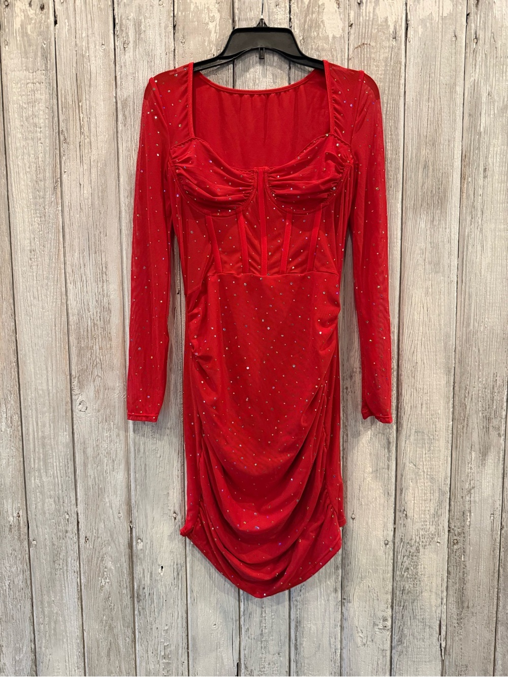 SHEIN Red Long-Sleeve Ruched Bodycon Dress with Sparkle